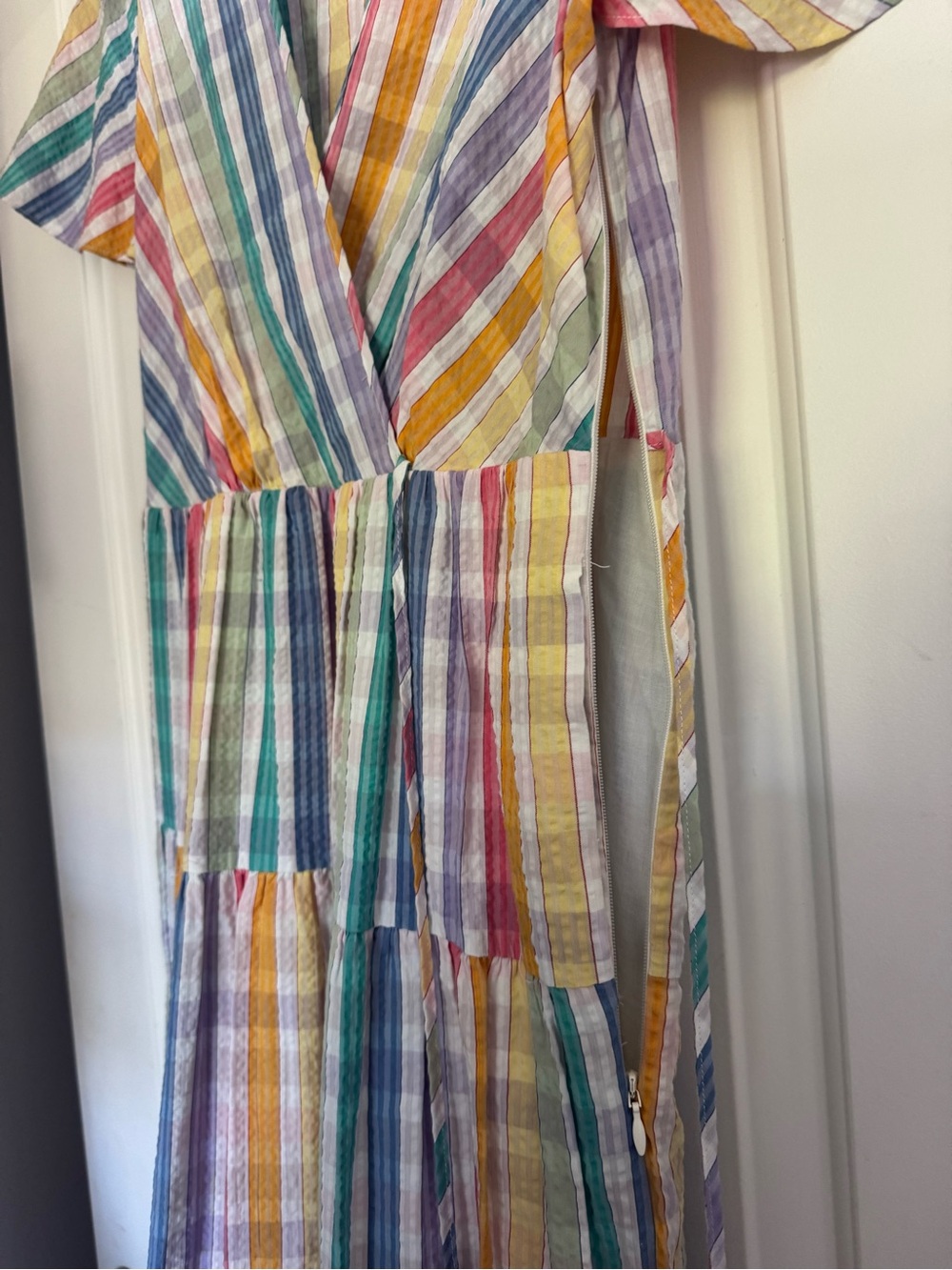 J. Crew Multi-Color Striped Faux Wrap Midi Dress With Pockets - Picture 4 of 5